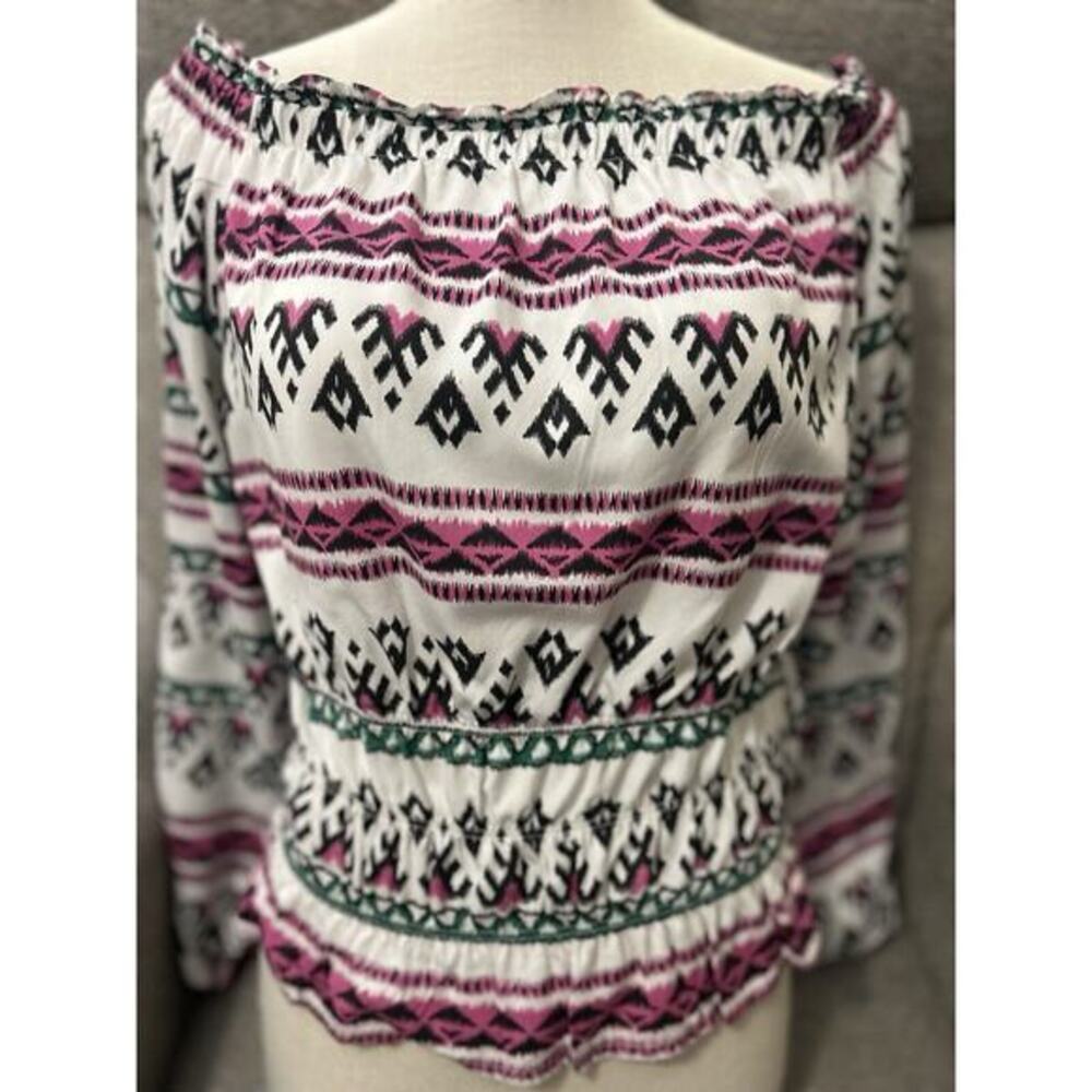 Boho Off-Shoulder Peasant Top - Pink Pattern